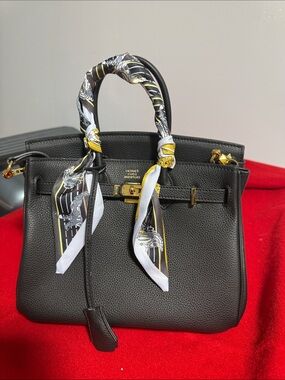 Black Leather Top-Handle Bag with Scarf Accent
